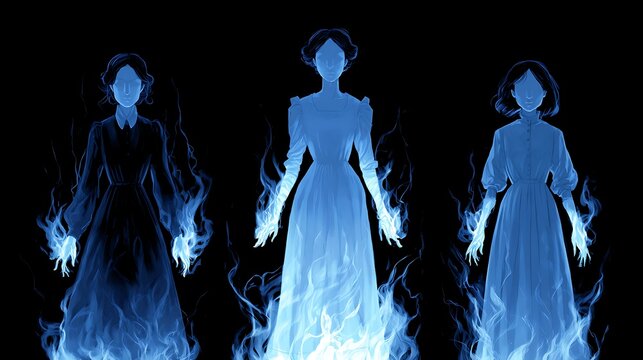 Three ghostly female figures in long dresses surrounded by glowing blue flames on black