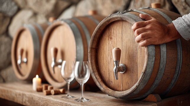 Wooden Wine Barrel Tap with Hand Turning in Cozy Cellar Setting