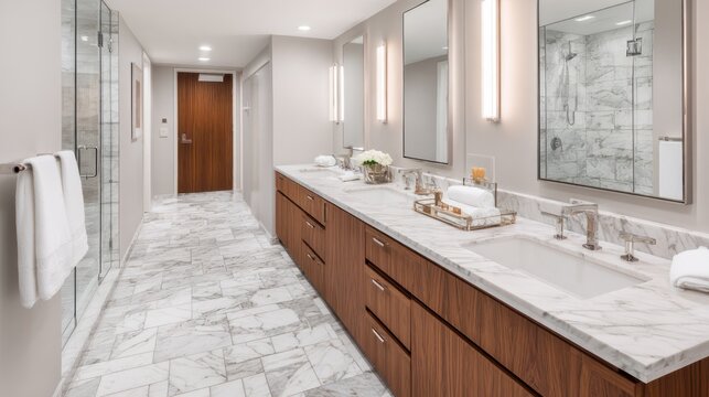 Modern bathroom interior with double vanity marble countertop and mirrors