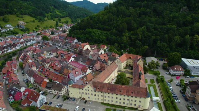  Aerial view of the old town city Wolfach in south Germany in the black forest . On a sunny day in Spring. 