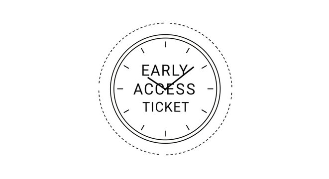 Early access ticket, exclusive stamp, priority pass, vector icon, black and white design, ticket template