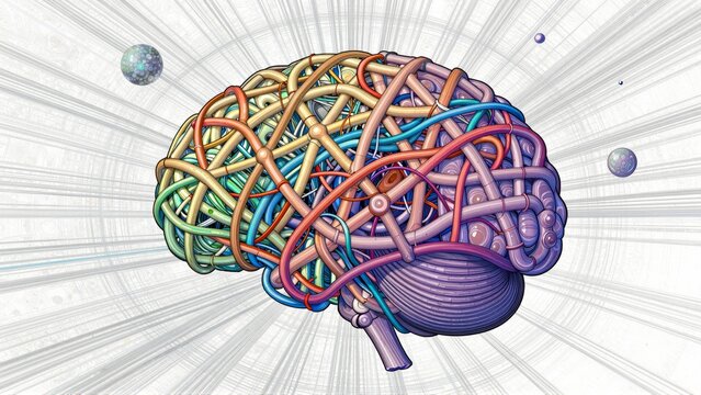 A colorful representation of the human brain with electric arcs and spheres symbolizing energy or thought processes