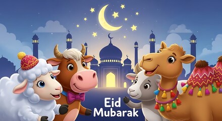 Fototapeta premium Colorful city skyline projection celebrating eid mubarak with fireworks