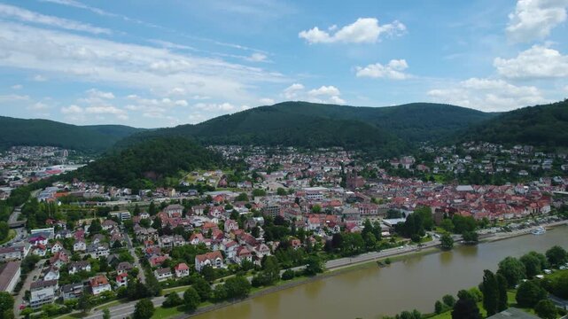 Aerial panorama view of the city Eberbach in Germany on a cloudy day in spring beside the Neckar river