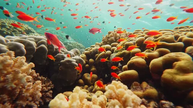 This footage shows underwater a vibrant school of orange red Anthias fish gracefully swimming amidst colorful hard and soft corals, showcasing the intricate and dynamic ecosystem of the ocean.