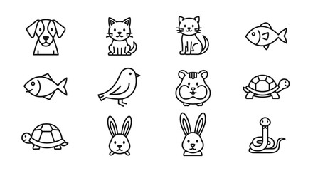 Fototapeta premium Collection of cute, simple line art icons representing various domestic and exotic animals