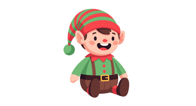 Cute cartoon elf with striped hat sitting and smiling, perfect for holiday designs
