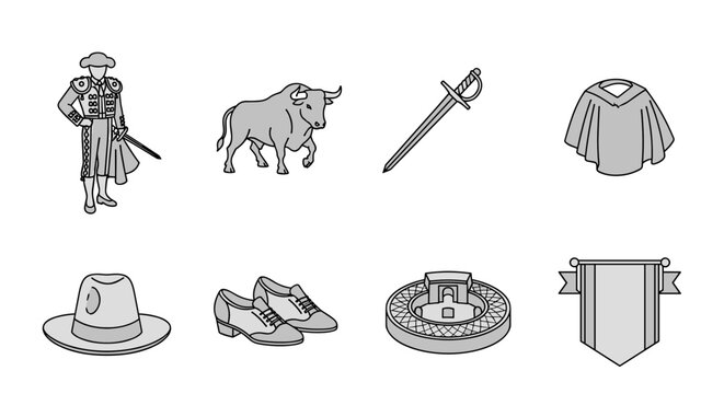 Collection of bullfighting elements and symbols in a minimalist line art style