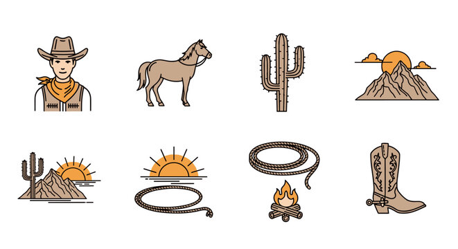 Collection of western themed icons including cowboy, horse, cactus, and mountains