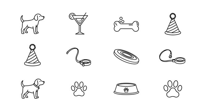 Collection of dog-related icons for pet care and celebrations
