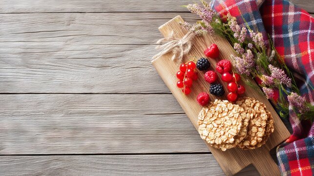 Scottish Countryside Picnic with Oatcakes and Fresh Berries on Wood