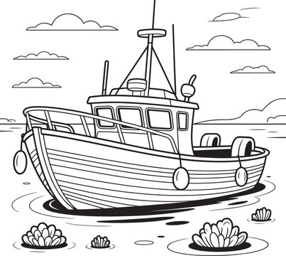Fishing boat with barnacles on its hull floating on calm sea water with aquatic plants and cloudy sky