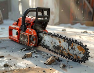 Naklejka premium Used chainsaw rests on a grimy, concrete floor with debris scattered around it