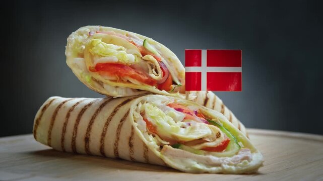 Spinning fragrant wrap cut in half with turkey from Danish farms, crunchy iceberg lettuce from local sources, tomatoes, cucumbers, lemon dressing in rye flatbread with Denmark flag
