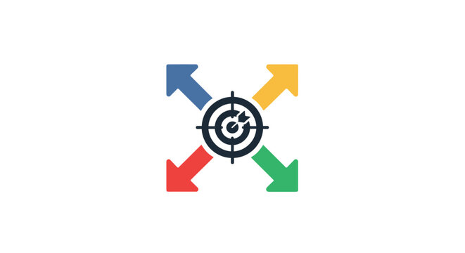 Business Target with Four Spreading Colored Arrows for Strategic Growth, isolated white background
