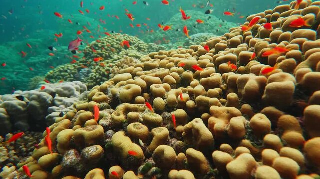 A underwater shot capturing a vibrant coral reef teeming with life. A large school of colorful orange and red Anthias fish swims gracefully amidst healthy, textured coral formations in crystal clear b