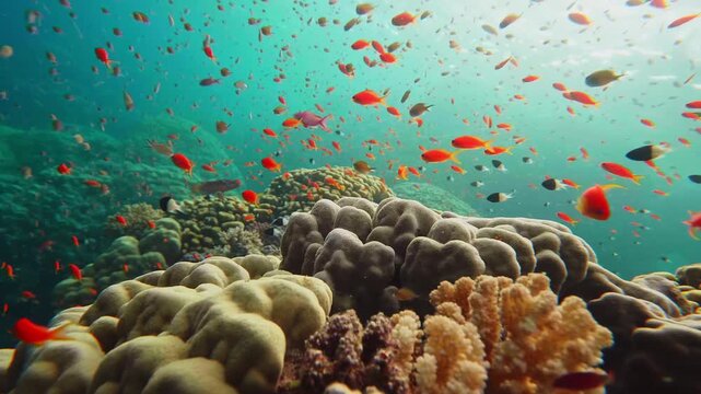 Dive into the mesmerizing underwater world of a pristine coral reef, showcasing a vibrant ecosystem alive with diverse marine life. Schools of brilliant orange and red fish, likely Sea Goldies or Anth