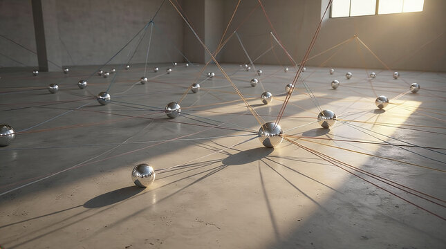 A minimalist art piece featuring hundreds of semi-transparent silk threads of different colors stretching across a vast, empty architectural space