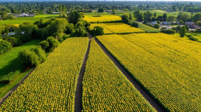 Aerial View of Endless Rows of Vibrant Sunflowers on a Bright Farm
