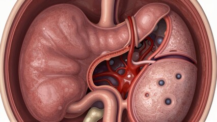 Stomach with various layers and structures visible, including muscle fibers and possibly the stomach lining or gastric glands