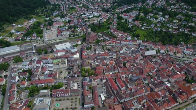 Aerial panorama view of the city Eberbach in Germany on a cloudy day in spring beside the Neckar river