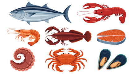 Assorted seafood featuring fish, lobster, shrimp, and crab Vector © Sofiqul