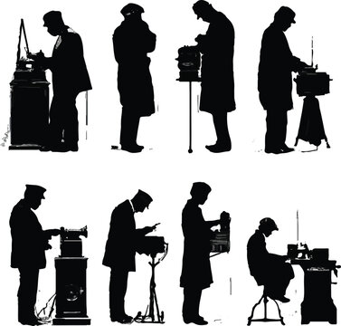 Vintage silhouettes of men operating early communication and electrical devices, illustrating historical technological advancements and the dedicated work of operators from a bygone era