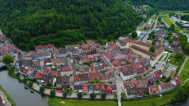 Aerial view of the old town city Wolfach in south Germany in the black forest . On a sunny day in Spring.