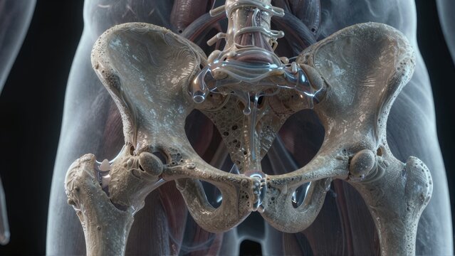 Illustration of human hip bones with detailed anatomical structure