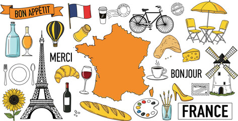 French Culture and Travel Illustration Set with Eiffel Tower, Baguette, Wine, Sunflowers, and Iconic Landmarks for France-Themed Designs © Rashidul