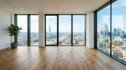 Obraz premium Modern City View From High-Rise Office Space with Floor-to-Ceiling Windows