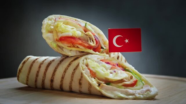 Spinning fragrant doner kebab split in half with juicy grilled lamb from Turkish farms, crispy lettuce from local fields, tomatoes, cucumber, wrapped in thin flatbread with Turkey flag