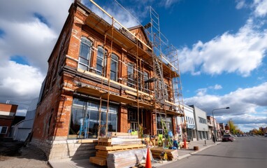 Fototapeta premium Restoration of Historic Brick Library Facade in Urban Setting under Construction