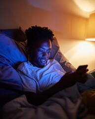 Fototapeta premium A Young Man Engrossed in His Phone in Bed at Night