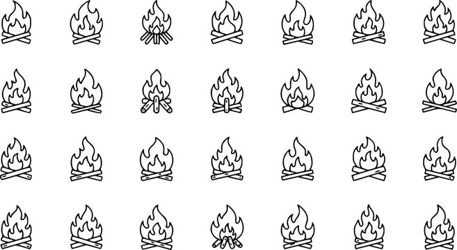 set of 100 fire flat line icons, flames, flame of various shapes, bonfire vector illustration.
