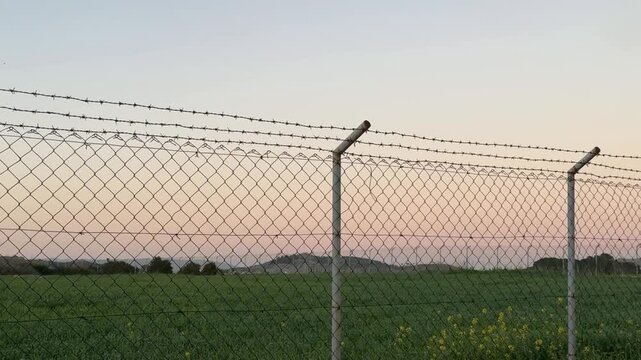 Barbed wire fence at dusk with sprawling green field, ideal for use as background