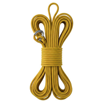 Yellow climbing rope with carabiner isolated on transparent background