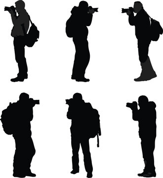 A group of diverse silhouettes showcasing photographers actively taking pictures with their professional cameras, some figures carrying backpacks, illustrating various poses and photographic moments.