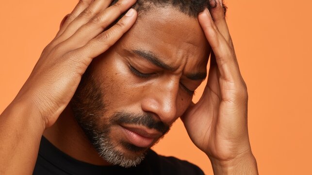 Stressed Man with Hand on Head, Looking Intently at Something