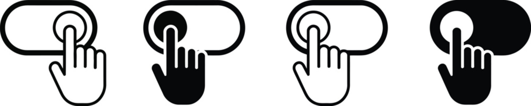 Switch, finger on slider icon set with on off button control, hand interaction symbol, user interface toggle, clean vector illustration design.