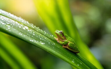 Obraz premium Small Green Frog Clinging to Tropical Leaf in Raindrop-Drenched Environment