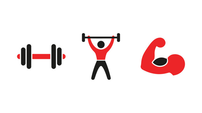 Fitness icons: dumbbell, weightlifter, flexing bicep. Healthy lifestyle concept.