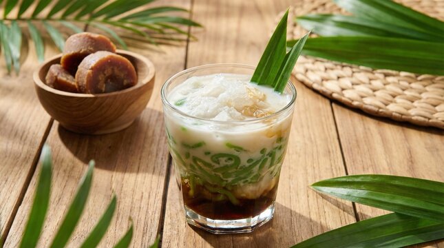 A traditional cendol drink served in a clear glass with creamy coconut milk, rich palm sugar syrup, and crushed ice for a refreshing tropical look.