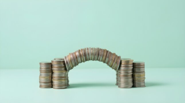 A bridge constructed from stacks of coins symbolizing financial connection and investment opportunities