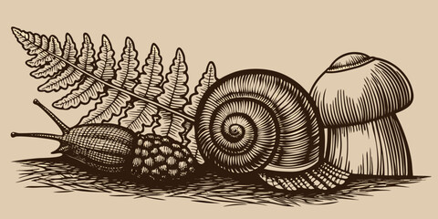 Vintage botanical illustration featuring a snail mushrooms and ferns © Raju