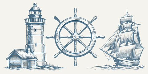 Nautical elements including a lighthouse ship s wheel and vintage sailing vessel © Raju