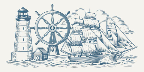 Nautical illustration featuring a lighthouse ship s wheel and sailing vessel © Raju