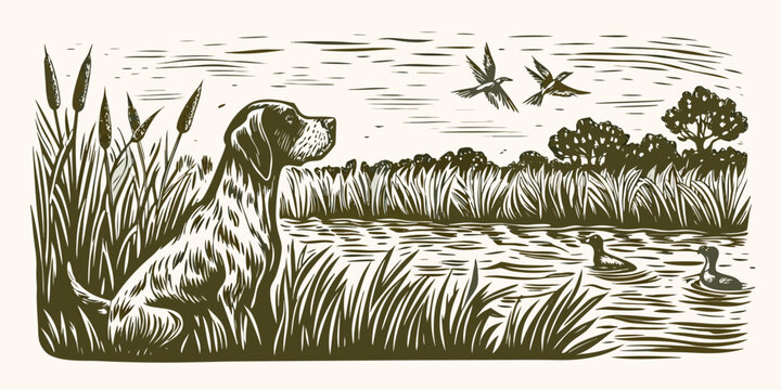 A pointer dog gazes upwards at birds flying over a wetland scene
