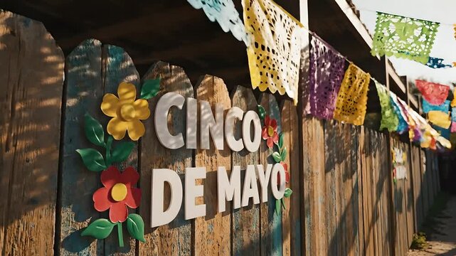 Cinco de Mayo celebration decor on rustic wooden fence with colorful papel picado flags and vibrant flower-adorned signboard featuring festive Mexican holiday atmosphere