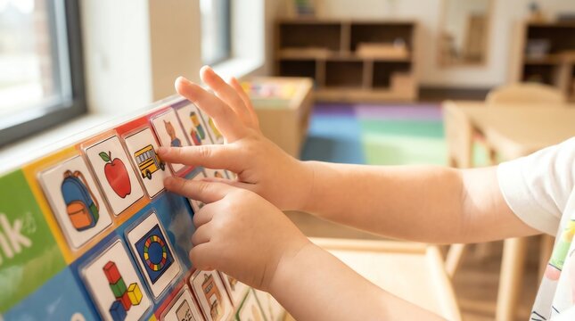Child hands pointing at visual schedule board autism daily routine classroom